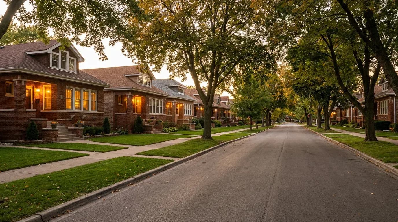 Tree-lined street of Chicago brick bungalows at golden hour