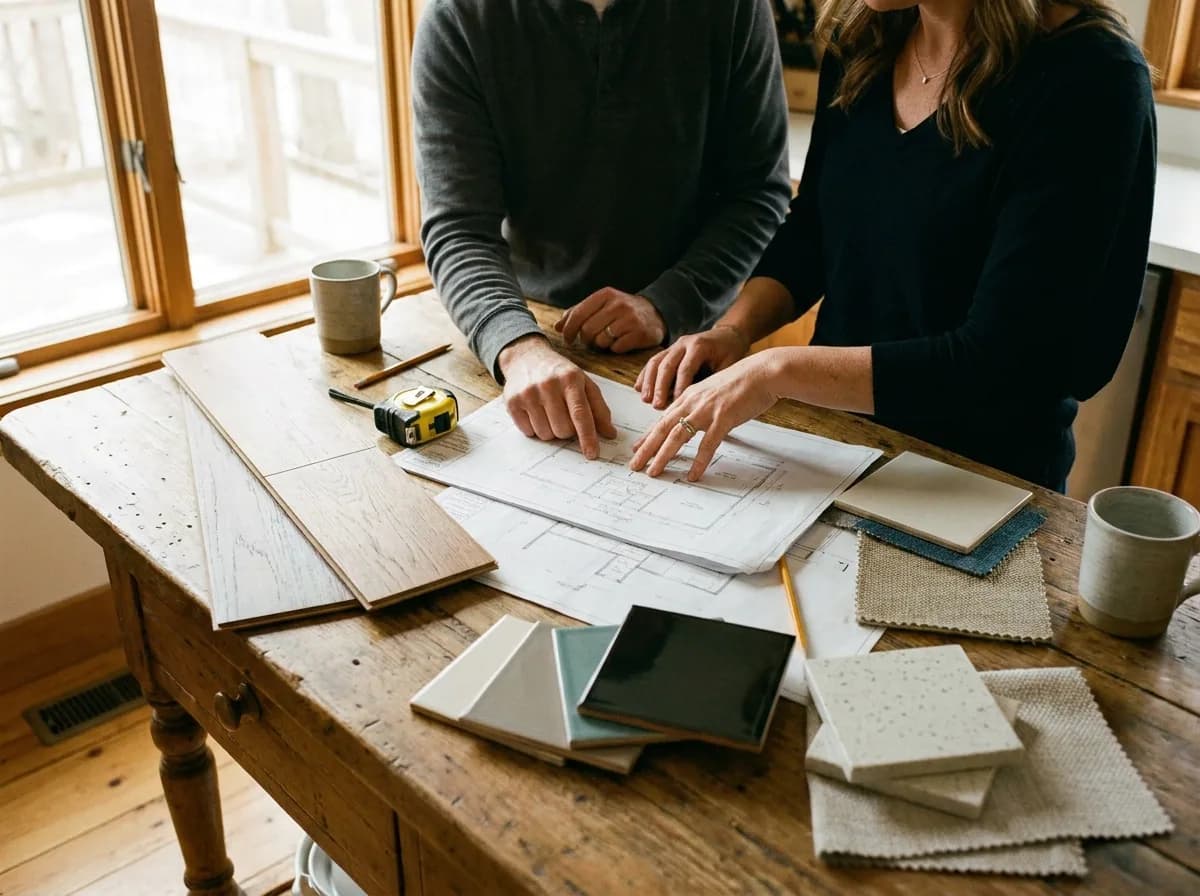 Contractor and homeowner reviewing plans and material samples