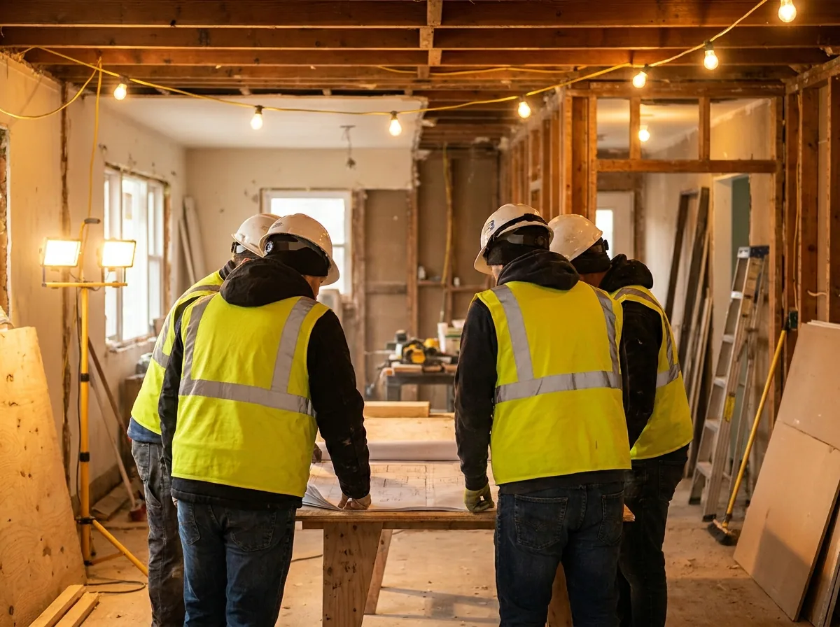 Construction team reviewing blueprints inside an active renovation
